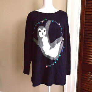 NWT LC Lauren Conrad Sparkly Navy Holiday Sweater with Festive Sloth Design
